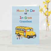 Gelukkige 1e Dag van 1e klas, kleinzoon, schoolbus Kaart (Gele Bloem)