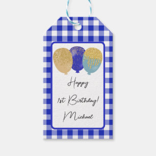 Gelukkige 1e Verjaardag & Blauwe Gingham & Ballonn Cadeaulabel