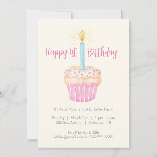 Gelukkige 1e Verjaardag Cupcake Party uitnodiging (Voorkant)