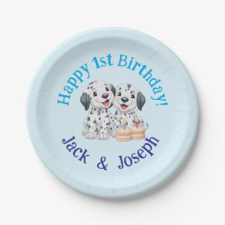 Gelukkige 1e verjaardag feest tweeling jongens, Mo Papieren Bordje