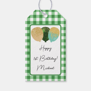 Gelukkige 1e Verjaardag & Groene Gingham & Ballonn Cadeaulabel