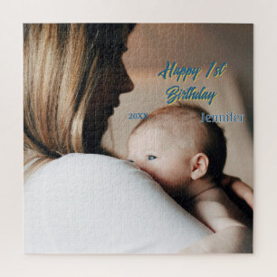 Gelukkige 1e verjaardag kinderen baby moeder blauw legpuzzel