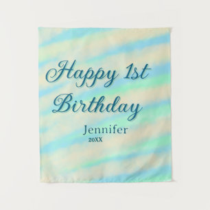 Gelukkige 1e verjaardag kinderen babyblauw groen p wandkleed