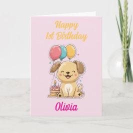 Gelukkige 1e Verjaardag, Meisje, Gelukkige Puppy,  Kaart