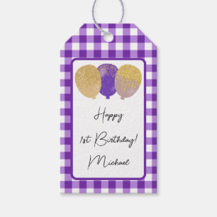 Gelukkige 1e Verjaardag & Paarse Gingham & Ballonn Cadeaulabel