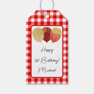Gelukkige 1e Verjaardag & Rode Gingham & Ballonnen Cadeaulabel