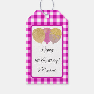 Gelukkige 1e Verjaardag & Roze Gingham & Ballonnen Cadeaulabel