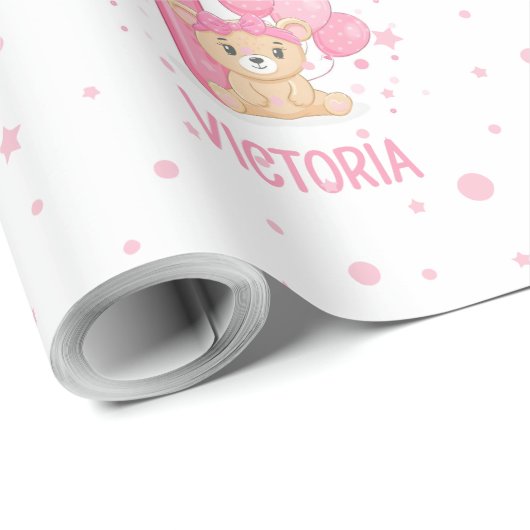 Gelukkige 1e Verjaardag Schattige Klein Roze Beer Cadeaupapier (Rol Hoek)