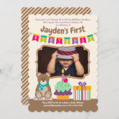Gelukkige 1e Verjaardag Teddybear Cupcake Bunting Kaart (Voorkant / Achterkant)