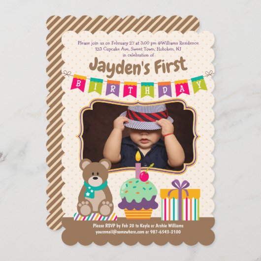 Gelukkige 1e Verjaardag Teddybear Cupcake Bunting Kaart (Voorkant / Achterkant)