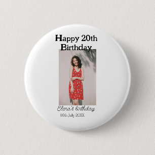 Gelukkige 20e verjaardag foto modern eenvoudig min ronde button 5,7 cm