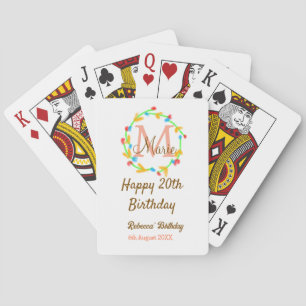 Gelukkige 20e verjaardag rode naam monogram krans pokerkaarten