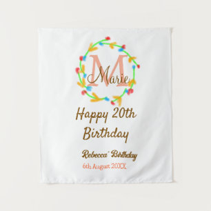 Gelukkige 20e verjaardag rode naam monogram krans wandkleed