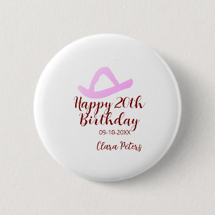 Gelukkige 20e verjaardag roze cowboy meisjesnaam d ronde button 5,7 cm