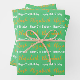 Gelukkige 21e verjaardag Gouden naam Emerald Green Inpakpapier Vel