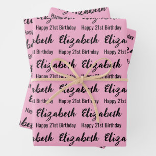 Gelukkige 21e verjaardag Naam Lichtroze en Zwart Inpakpapier Vel
