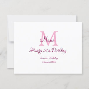 Gelukkige 21e verjaardag roze naam monogram modern briefkaart