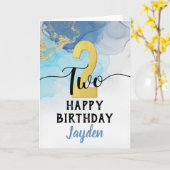 Gelukkige 2e Verjaardag Blauwe Waterverf & Gold Bo Kaart (Gele Bloem)