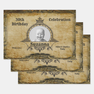 Gelukkige 30e Verjaardag  Foto Monogram Gold Inpakpapier Vel