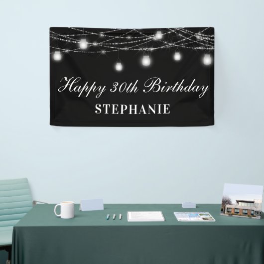 Gelukkige 30e verjaardag Mason Jars Lights Zwart W Spandoek (Beurs)