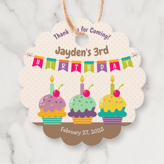 Gelukkige 3e verjaardag kind kleurrijke cupcakes B Bedankjes Labels (Achterkant)