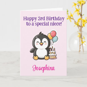 Gelukkige 3e verjaardag nichtje, pinguïn, geperson kaart