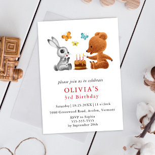 Gelukkige 3e verjaardag Teddy Bear Bunny Cake Uitnodiging Briefkaart
