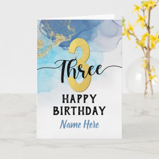 Gelukkige 3e Verjaardag Waterverf Blue & Gold Boy Kaart (Gele Bloem)