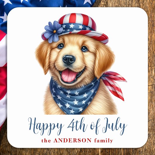 Gelukkige 4th of July Patriottische Puppy Golden R Vierkante Sticker