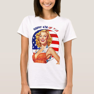 Gelukkige 4th van Juli Retro Pin-up Meisje Art T-shirt