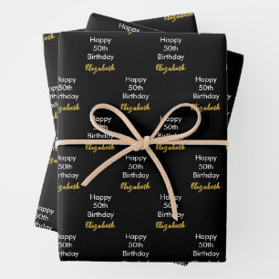 Gelukkige 50e verjaardag Gouden naam Schrift Zwart Inpakpapier Vel