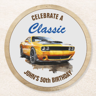 Gelukkige 50e verjaardag klassieke spier auto ronde kartonnen onderzetter