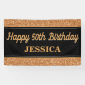 Gelukkige 50ste verjaardag Gouden Glitter Zwart Spandoek (Horizontaal)