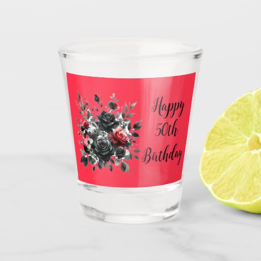 Gelukkige 50ste Verjaardag Rode en Zwarte Rozen | Shot Glas (Voorkant)