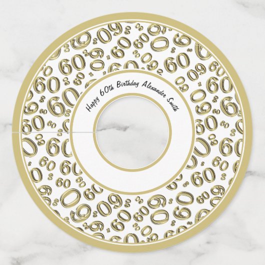 Gelukkige 60e verjaardag Goud en Wit Nummer Thema Wijnglaslabel (Voorkant)