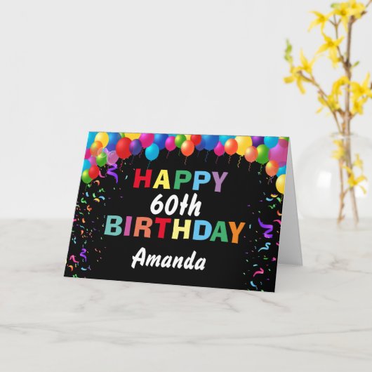Gelukkige 60e verjaardag kleurrijke ballonnen zwar kaart (Gele Bloem)