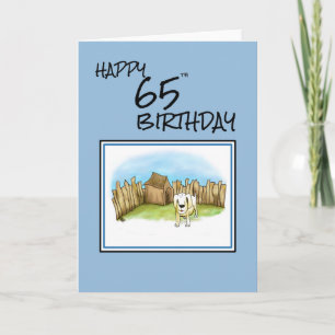Gelukkige 65e verjaardag met cartoonhond in tuin e kaart