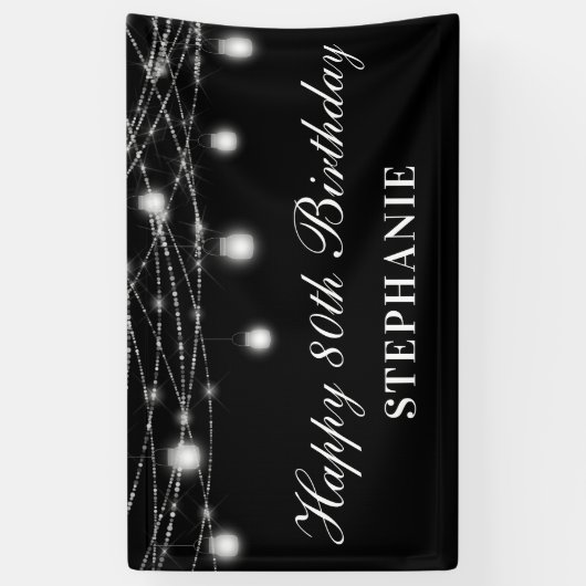 Gelukkige 80ste verjaardag Mason Jars Lights Zwart Spandoek (Verticaal)