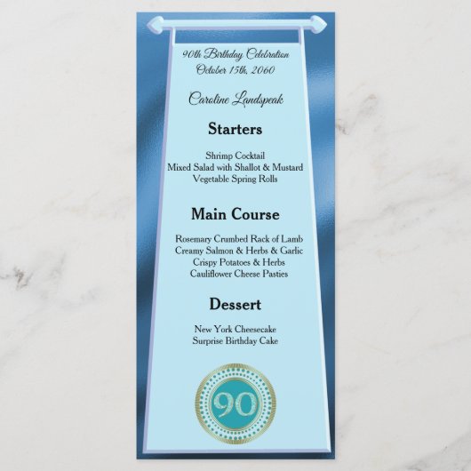 Gelukkige 90ste Verjaardag Blauwgroen Blue Glitter Menu (Voorkant)