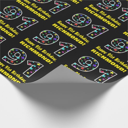Gelukkige 91ste Verjaardag, Leuk Kleurrijk Sterren Cadeaupapier (Hoek)