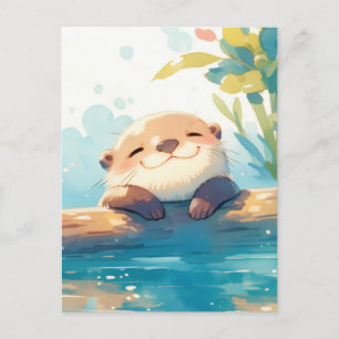 Gelukkige Aquarel Otter Rustend op Stam Briefkaart