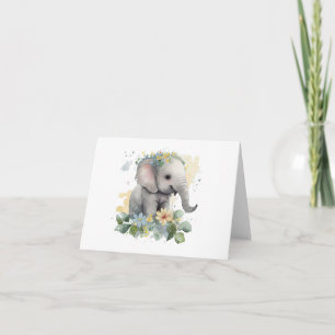 Gelukkige Baby Waterverf Olifant met Bloemen BLANK Kaart