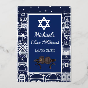 Gelukkige Bar Mitswa Jeruzalem Kotel Tefillin Zilv Folie Uitnodiging