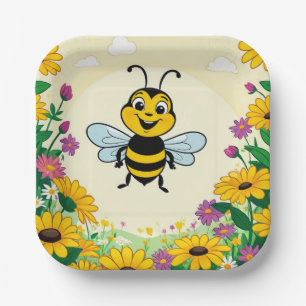 Gelukkige bij in kleurrijke bloemen papieren bordje