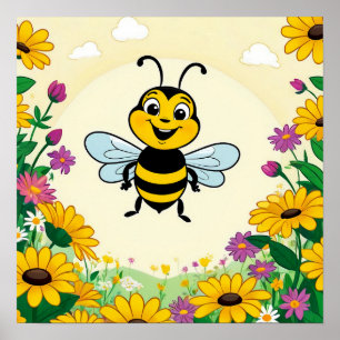 Gelukkige Bij In Kleurrijke Bloemen Poster