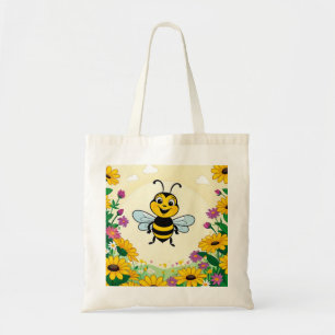 Gelukkige bij in kleurrijke bloemen tote bag