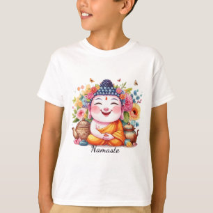 Gelukkige Boeddha Yoga Namaste Met Thee En Bloemen T-shirt