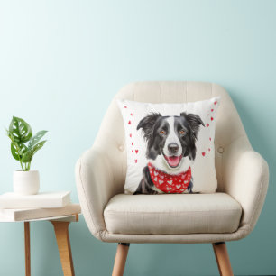 Gelukkige Border Collie met Red Heart Bandana Kussen