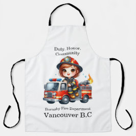 Gelukkige brandweerman rijdt rode vrachtwagen schort