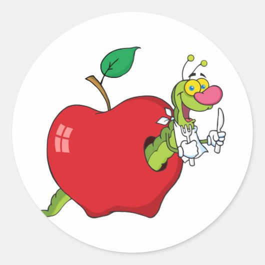 Gelukkige Cartoon worm in Apple Ronde Sticker (Voorkant)
